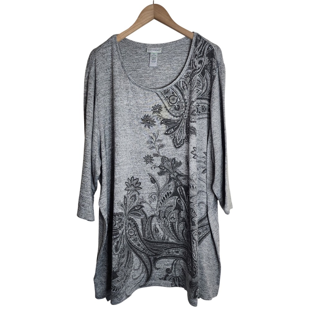 Catherines Tunic Top Women 4X 30/32W Gray Paisley Floral 3/4 Sleeve Scoop Neck